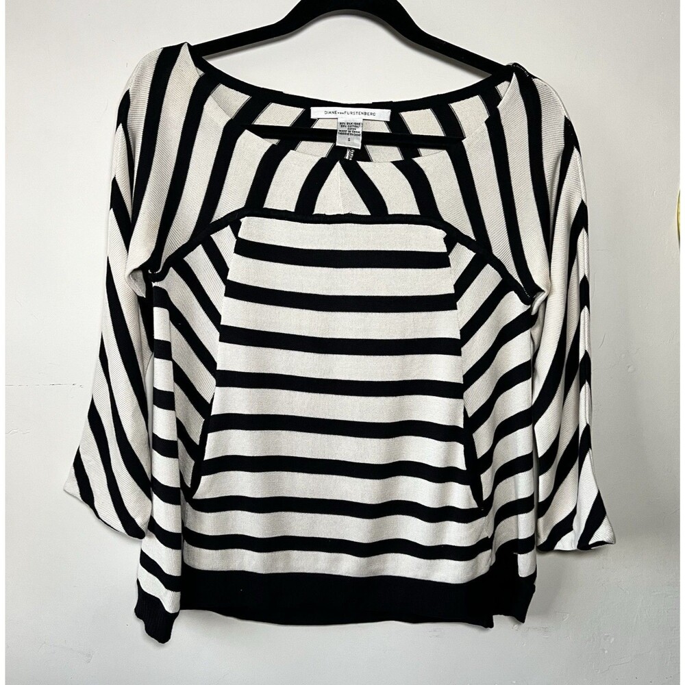 Diane von Furstenberg Black White Striped Silk Cotton Knit Boat Neck Sweater S